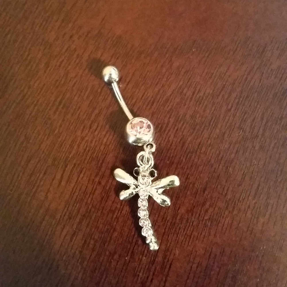 Belly button ring pink jeweled dangle Dragonfly